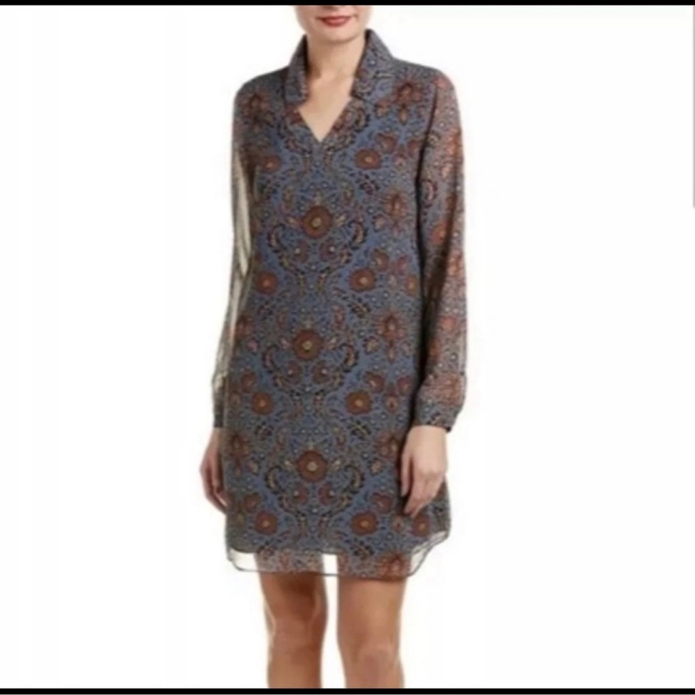 Cabi Chiffon Provincial Tunic Dress Jacobean Print - Blue/Brown - M